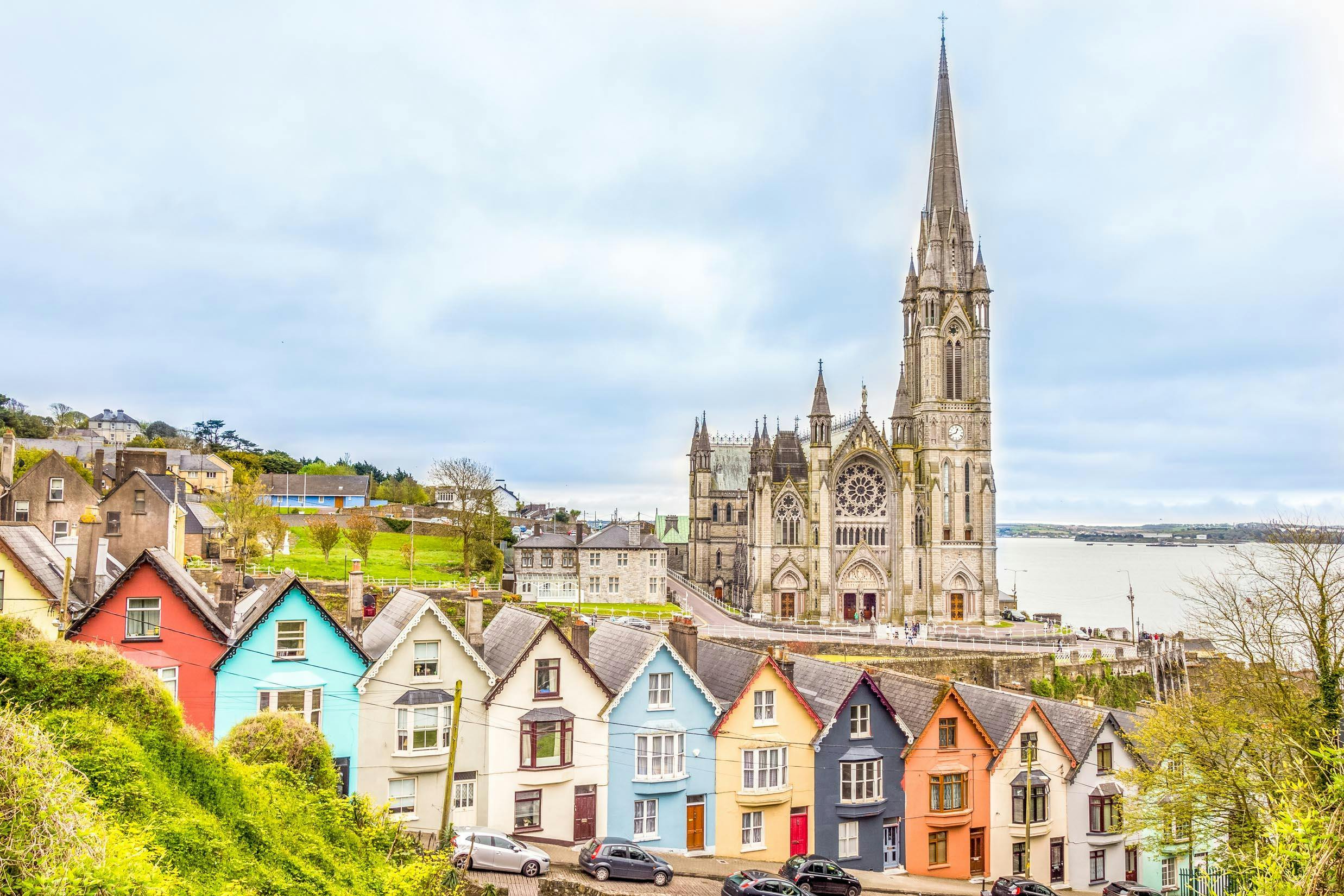 Cathedral and colored houses in Cobh, County Cork, Ireland.